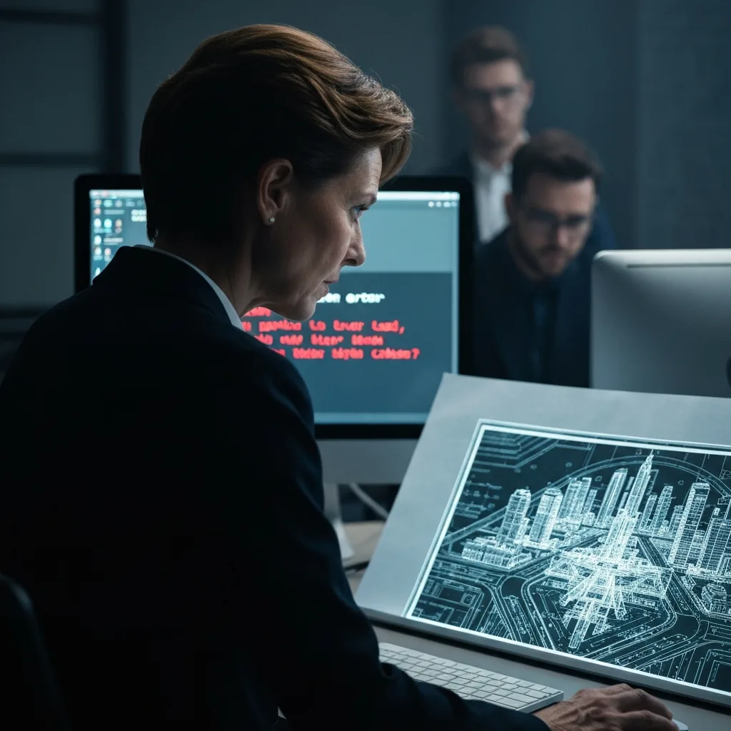 A close-up, cinematic shot of a professional staring intensely at a computer screen displaying a minor error message, while a large, glowing, unfinished project blueprint sits ignored on the desk beside them. Dramatic lighting, emphasizing the distraction.