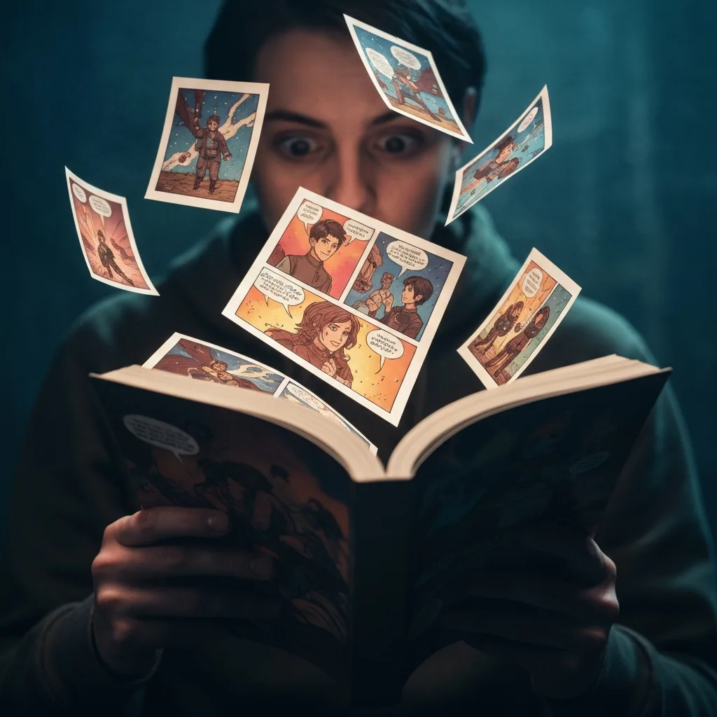 A cinematic close-up of a person reading a graphic novel, where the illustrated panels are seemingly lifting off the pages and floating in the air around them, blending real life with sequential art, dramatic lighting.