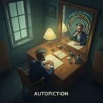 An abstract, atmospheric illustration representing autofiction: a writer sitting at a vintage desk looking into a large mirror, but the reflection is slightly distorted and composed entirely of glowing text, moody lighting, literary aesthetic.