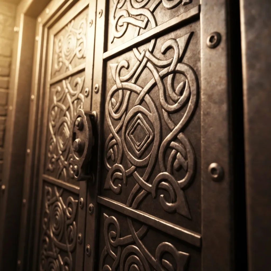 A close-up shot of a sleek, modern glass office door with a heavy, stylized metallic lock engaging. Through the frosted glass, blurred silhouettes of people holding folders can be seen, emphasizing the concept of boundaries and deep work isolation. Photorealistic, dramatic lighting, sharp focus on the lock mechanism.