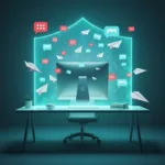 A conceptual illustration of a professional sitting at a clean, minimalist desk, surrounded by a glowing, translucent digital shield that deflects incoming paper airplanes, chat bubbles, and email icons. The lighting is focused and calm inside the shield, while the outside is chaotic with flying notifications. High-quality digital art, cinematic lighting, modern corporate aesthetic.