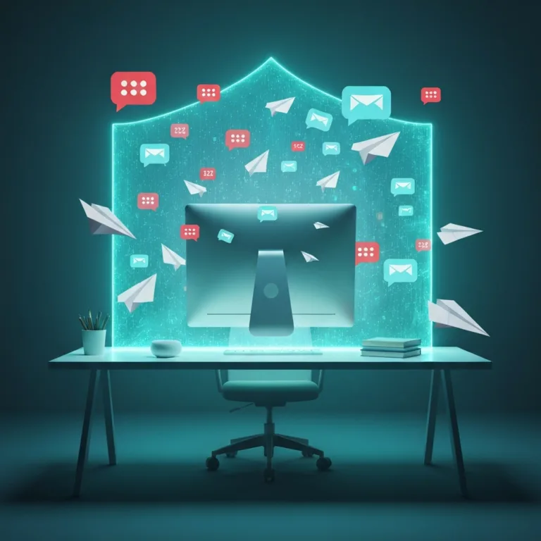 A conceptual illustration of a professional sitting at a clean, minimalist desk, surrounded by a glowing, translucent digital shield that deflects incoming paper airplanes, chat bubbles, and email icons. The lighting is focused and calm inside the shield, while the outside is chaotic with flying notifications. High-quality digital art, cinematic lighting, modern corporate aesthetic.