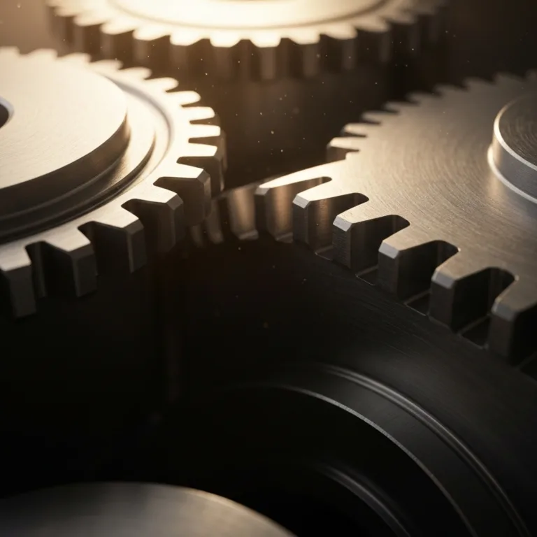 A cinematic, high-contrast photograph of a heavy metallic gear system slowly engaging, representing physical momentum. Warm morning light hitting the brushed steel textures, subtle dust motes floating in the air, macro photography style, highly detailed and atmospheric.