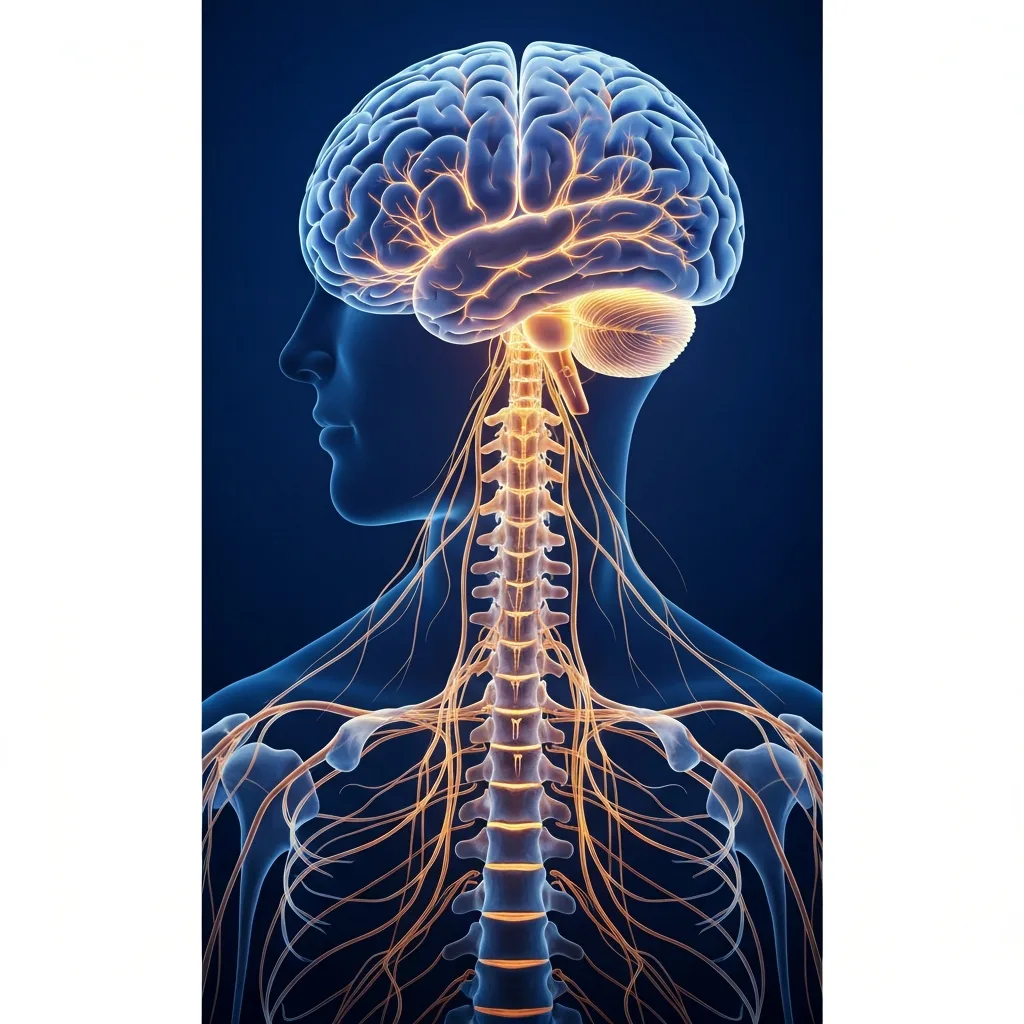 Abstract representation of the mind-body connection, featuring glowing neural pathways traveling from a luminous brain down through a stylized human spine and nervous system. Deep blue and warm amber color palette, high-tech, ethereal atmosphere.