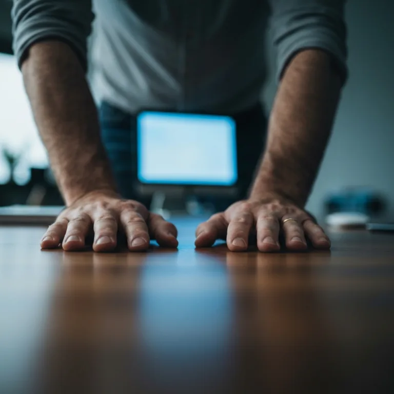 A cinematic, close-up shot of a person's hands firmly gripping a sleek wooden desk, muscles slightly tense, representing physical grounding and somatic awareness. Soft, moody, natural lighting with a blurred background of a modern workspace.