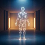A conceptual image of a human silhouette made of fragmented, glowing glass shards, standing in a serene, softly lit room, symbolizing the scattered nature of attention residue against a backdrop of desired calm. Cinematic lighting, photorealistic, deep blues and warm amber tones.