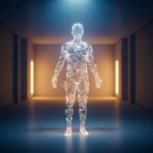 A conceptual image of a human silhouette made of fragmented, glowing glass shards, standing in a serene, softly lit room, symbolizing the scattered nature of attention residue against a backdrop of desired calm. Cinematic lighting, photorealistic, deep blues and warm amber tones.