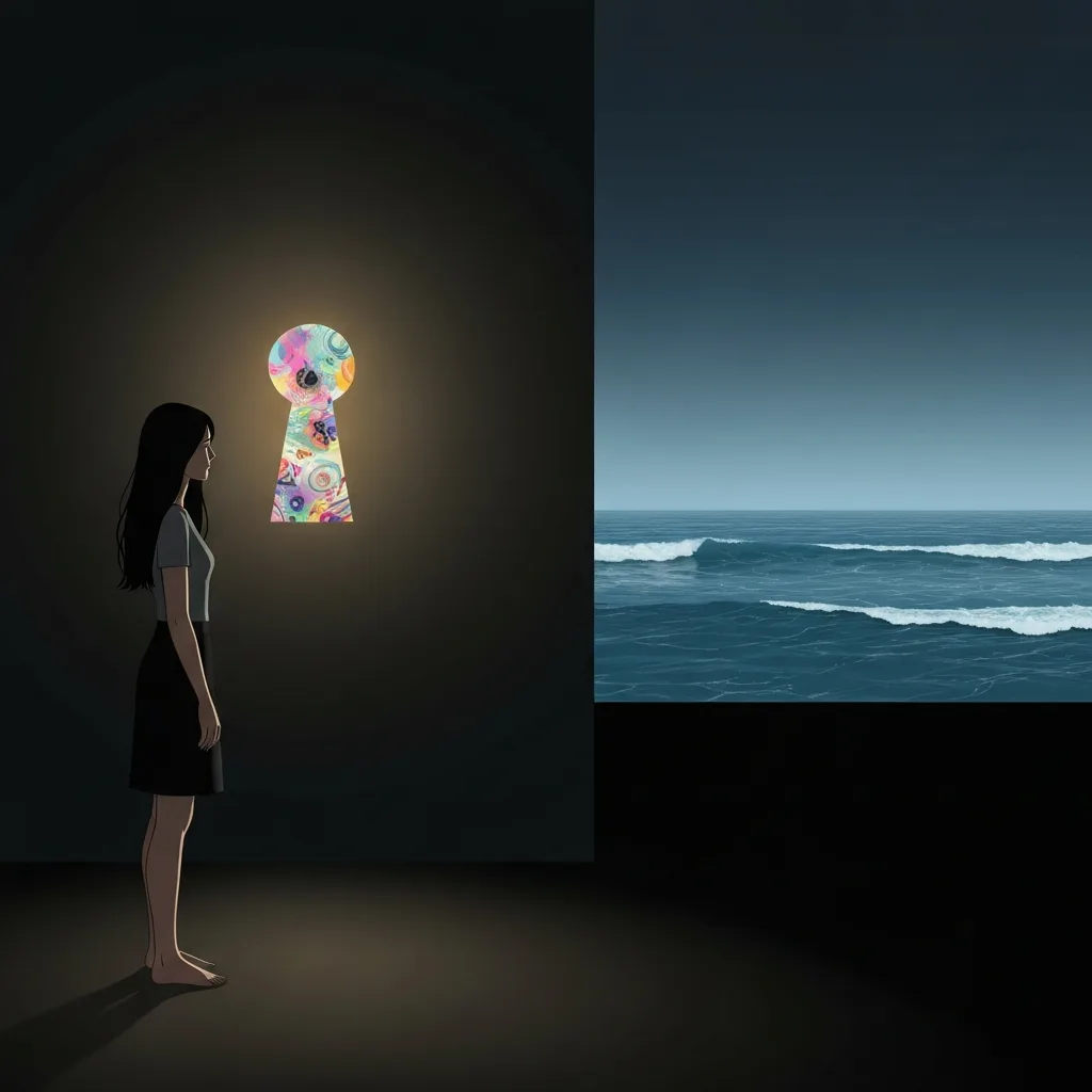 A conceptual illustration of cognitive tunneling, showing a person standing in a dark room looking through a narrow, brightly lit keyhole at a chaotic scene, while a vast, serene ocean landscape surrounds them in the shadows waiting to be noticed, minimalist psychological art style.