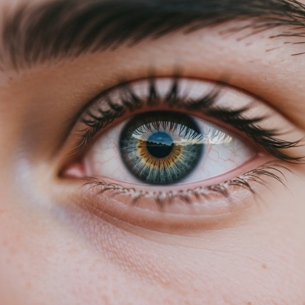 A cinematic, softly lit close-up of a human eye transitioning from a sharp, stressed focus to a relaxed, softened gaze, with a blurred, wide-angle natural landscape reflecting in the pupil, highly detailed, photorealistic.