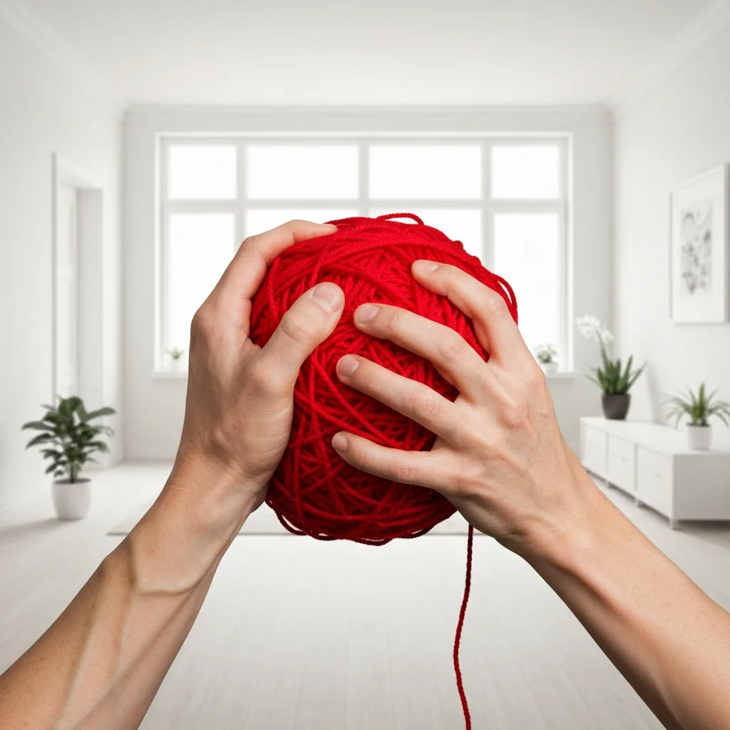 A conceptual photography shot of two hands tightly gripping a tangled, chaotic ball of red yarn, representing unresolved internal anxiety. The background shows a perfectly organized, minimalist living room in soft focus, representing the illusion of external control. Cinematic lighting, high resolution, psychological mood.