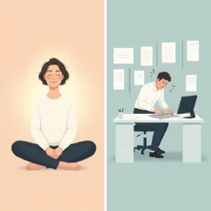 A split-screen digital illustration. On the left, a calm, centered person is sitting peacefully with their eyes closed, radiating a soft, warm glow. On the right, a frantic person is obsessively organizing a perfectly neat, sterile desk with rigid straight lines, symbolizing the contrast between internal emotional regulation and external compensatory control. Soft, muted color palette with a clean, modern editorial illustration style.