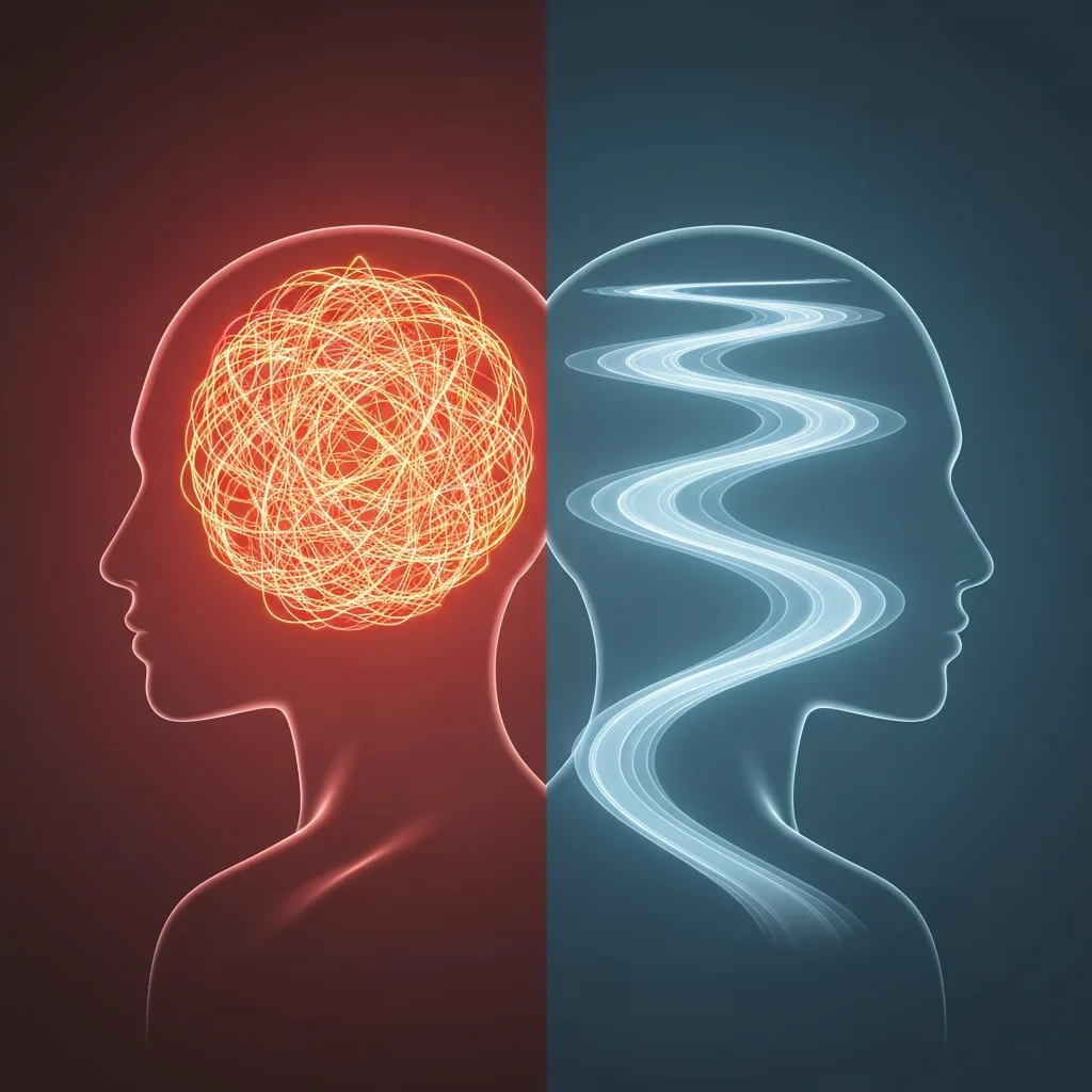 A visual contrast between overthinking and mindfulness. On the left side of the image, a chaotic tangle of glowing, jagged neon orange and red lines forming a complex knot inside a translucent silhouette of a human head. On the right side, a calm, smooth, flowing river of soft blue and white light inside a similar silhouette. Minimalist, modern digital art, soft color palette.