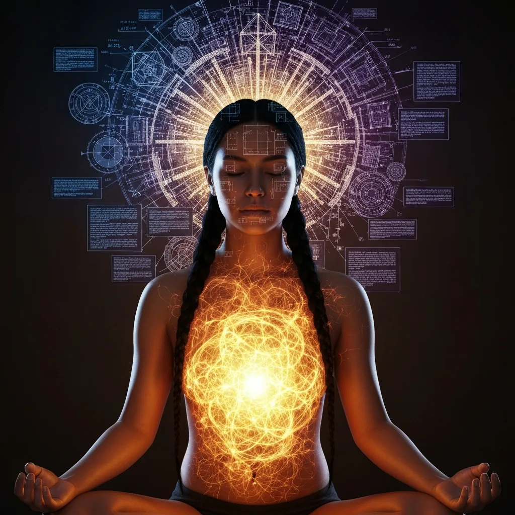A person sitting in meditation, but their head is surrounded by complex, rigid geometric blueprints and floating text, while their chest and stomach area is glowing with a soft, chaotic, organic warm light, showing the stark contrast between intellectualizing and feeling, cinematic lighting.