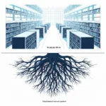A split-screen visual metaphor showing a highly organized, brightly lit library on the top half representing the analytical mind, and a dark, tangled root system underground on the bottom half representing the unaddressed nervous system, minimalist vector art style.