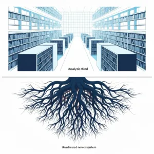 A split-screen visual metaphor showing a highly organized, brightly lit library on the top half representing the analytical mind, and a dark, tangled root system underground on the bottom half representing the unaddressed nervous system, minimalist vector art style.