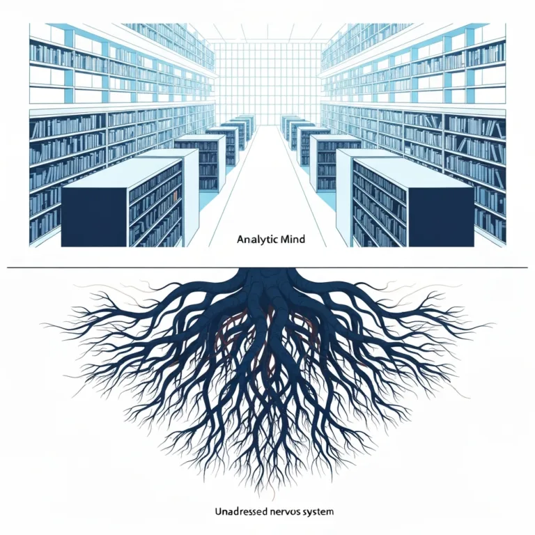 A split-screen visual metaphor showing a highly organized, brightly lit library on the top half representing the analytical mind, and a dark, tangled root system underground on the bottom half representing the unaddressed nervous system, minimalist vector art style.