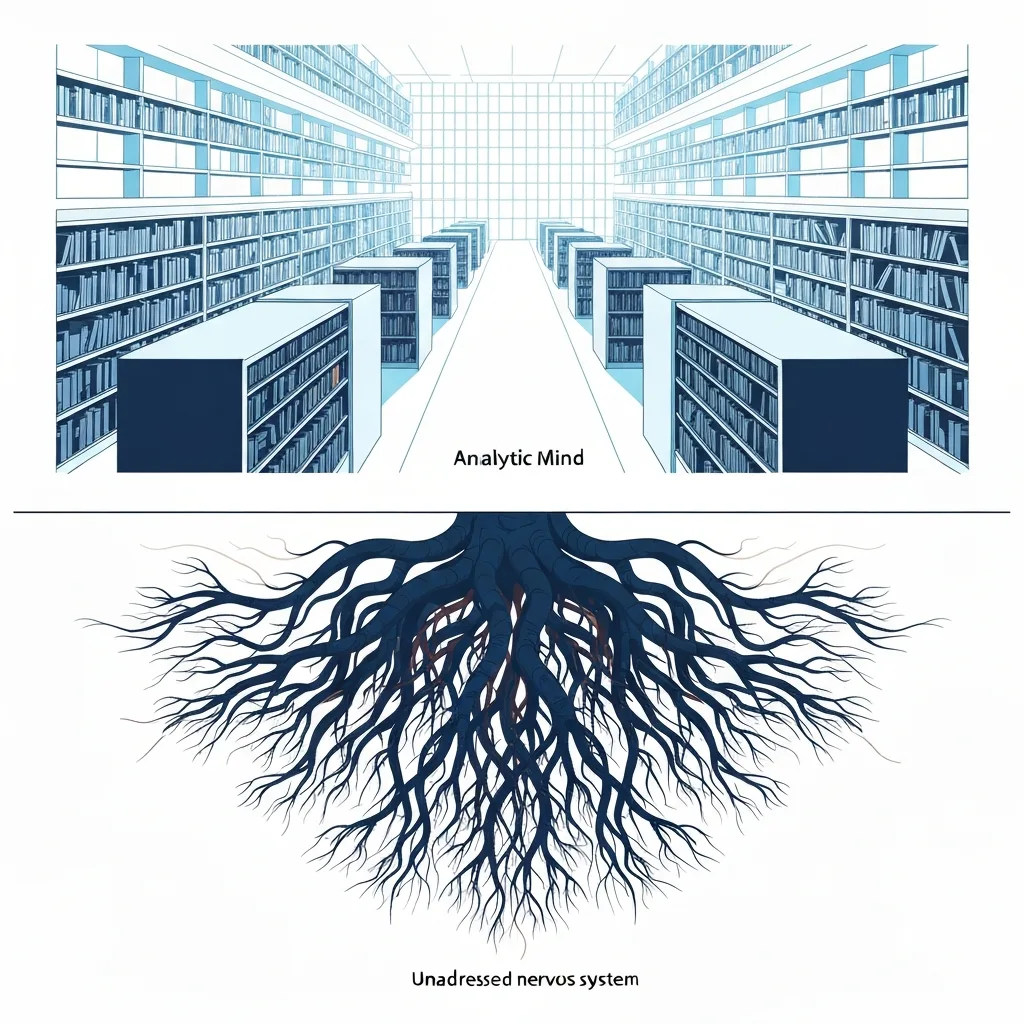 A split-screen visual metaphor showing a highly organized, brightly lit library on the top half representing the analytical mind, and a dark, tangled root system underground on the bottom half representing the unaddressed nervous system, minimalist vector art style.