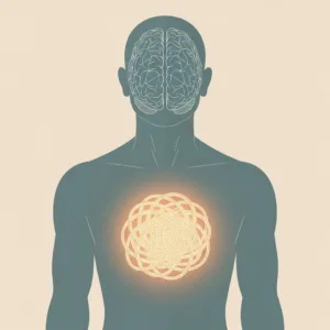 A conceptual illustration of a human silhouette with a glowing, tangled knot in the chest area representing raw emotion, while the brain area is clear, geometric, and structured, symbolizing the separation of feeling from logical facts, minimalist style, soft muted colors.