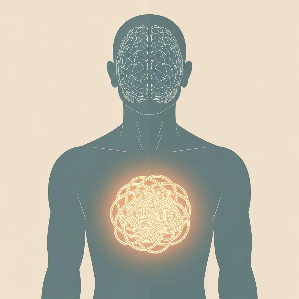 A conceptual illustration of a human silhouette with a glowing, tangled knot in the chest area representing raw emotion, while the brain area is clear, geometric, and structured, symbolizing the separation of feeling from logical facts, minimalist style, soft muted colors.