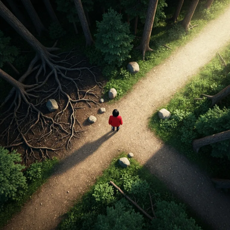 A conceptual image of a person standing at a crossroads in a dense forest. One path is heavy with dark, tangled roots and heavy stones symbolizing past grievances, while the other path is clear, bright, and illuminated by soft morning sunlight, representing emotional freedom. Cinematic lighting, photorealistic, highly detailed.