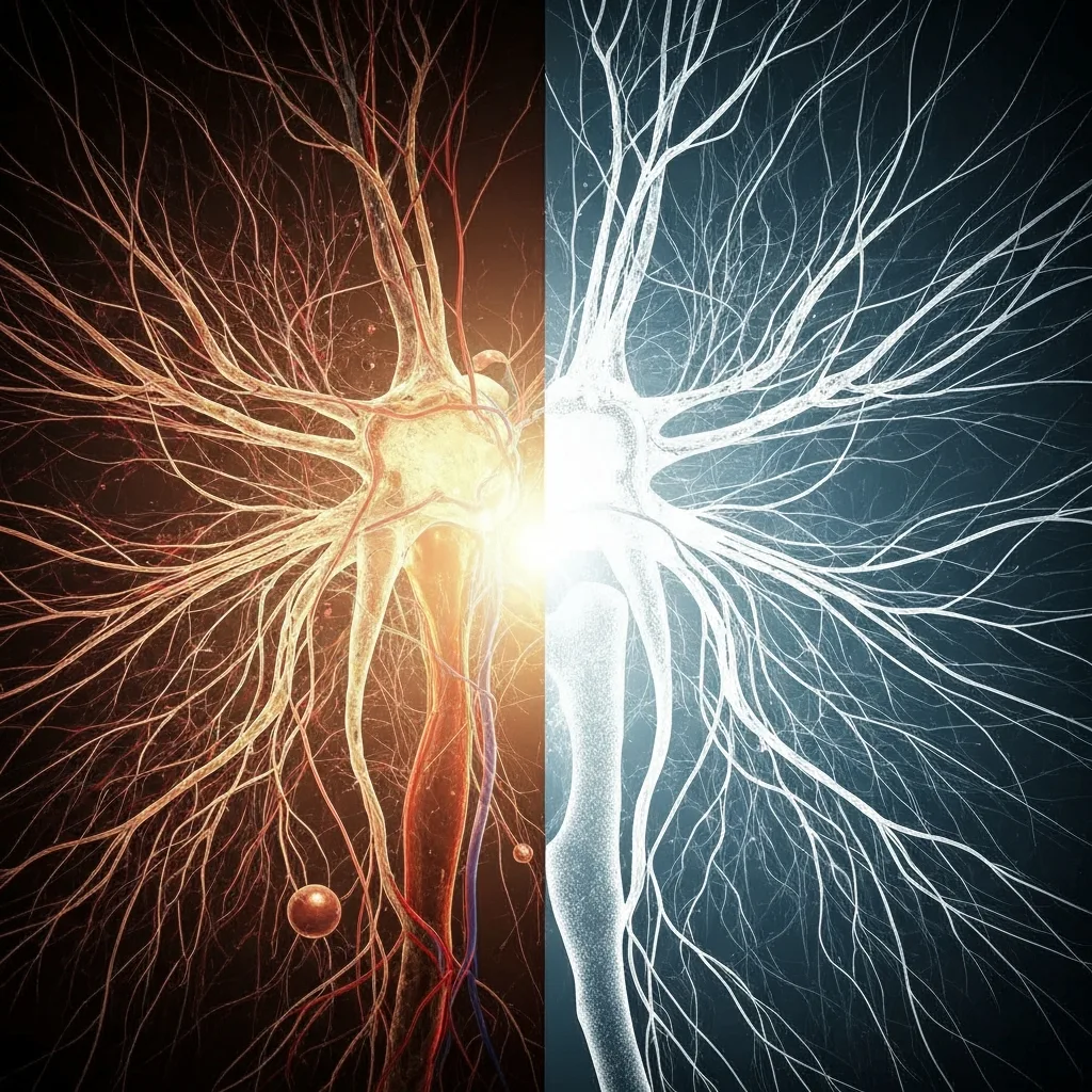 A split-screen visual metaphor for the nervous system. On the left side, a vibrant, dynamic ocean storm representing raw, felt emotion. On the right side, a completely frozen, still, and gray glacier representing the 'freeze' state of emotional dissociation. The contrast between the chaotic energy and the deadened stillness highlights the difference between feeling and numbing.