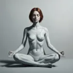 A conceptual, high-quality editorial illustration showing a serene-looking person sitting in meditation, but their body is made of cracked porcelain, symbolizing emotional numbing and false equanimity. The background is a soft, muted gray to emphasize the feeling of detachment and emotional blunting. Lighting is stark and cool.