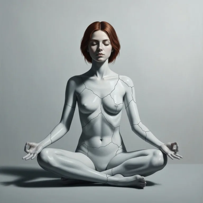 A conceptual, high-quality editorial illustration showing a serene-looking person sitting in meditation, but their body is made of cracked porcelain, symbolizing emotional numbing and false equanimity. The background is a soft, muted gray to emphasize the feeling of detachment and emotional blunting. Lighting is stark and cool.