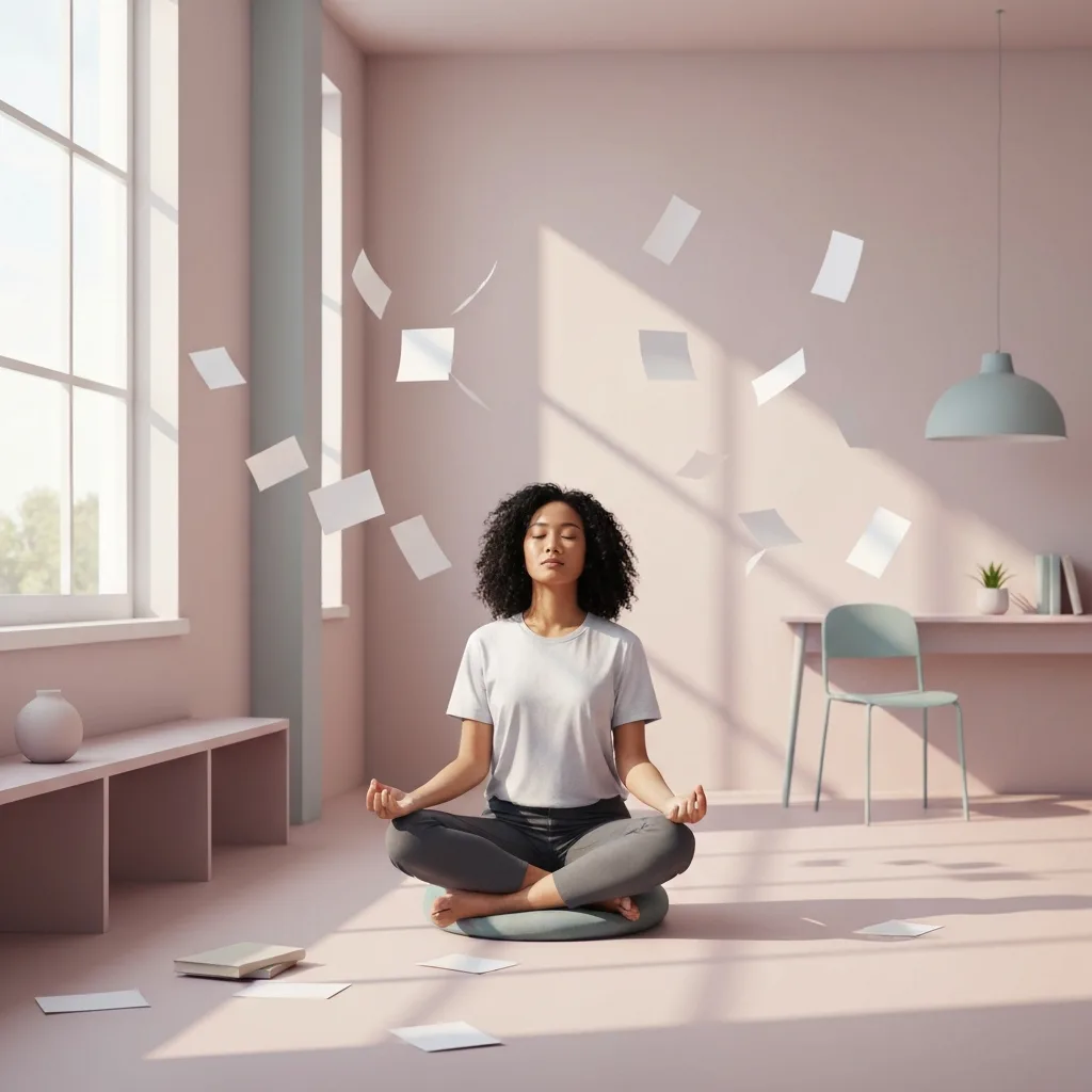 A serene, minimalist room with soft, diffused natural light casting long, gentle shadows. A person sits on a meditation cushion, completely relaxed, surrounded by floating, blank pieces of paper, representing the release of forced narratives and the acceptance of the unknown.