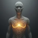 A conceptual, hyper-detailed illustration of a human silhouette made of glowing, intricate glass threads, with a soft, pulsing amber light in the chest area representing raw somatic emotion, while the head remains unlit, symbolizing the suspension of intellectualization.