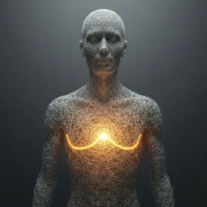 A conceptual, hyper-detailed illustration of a human silhouette made of glowing, intricate glass threads, with a soft, pulsing amber light in the chest area representing raw somatic emotion, while the head remains unlit, symbolizing the suspension of intellectualization.