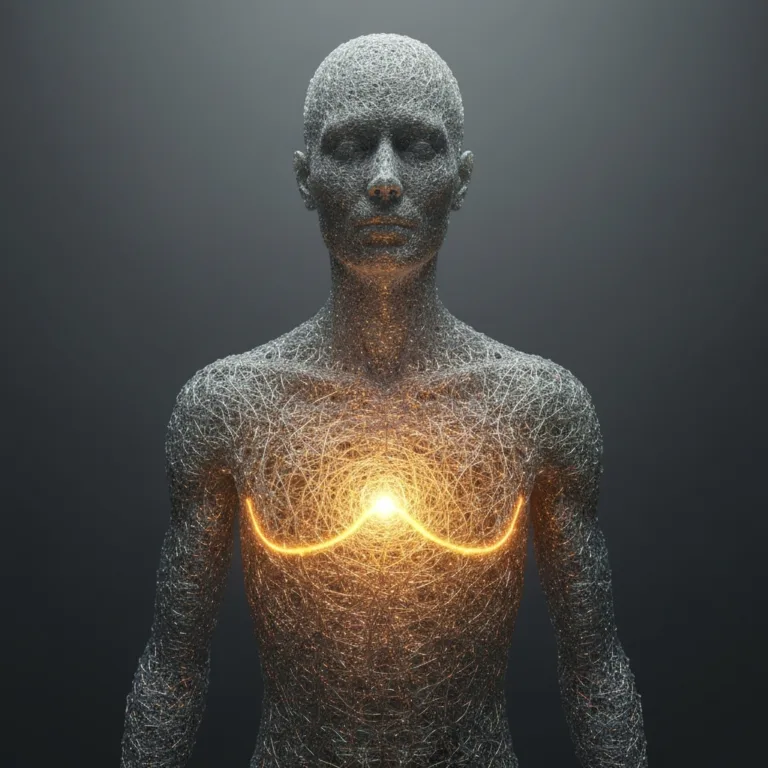 A conceptual, hyper-detailed illustration of a human silhouette made of glowing, intricate glass threads, with a soft, pulsing amber light in the chest area representing raw somatic emotion, while the head remains unlit, symbolizing the suspension of intellectualization.