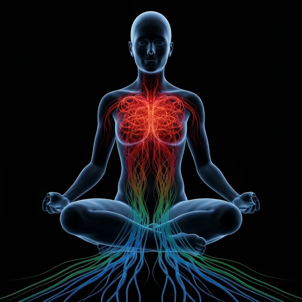 An artistic, abstract representation of the human nervous system calming down. A figure sitting in meditation, with chaotic, tangled red and orange lines in the chest area slowly transitioning into smooth, flowing blue and green streams towards the ground. High-end editorial style.