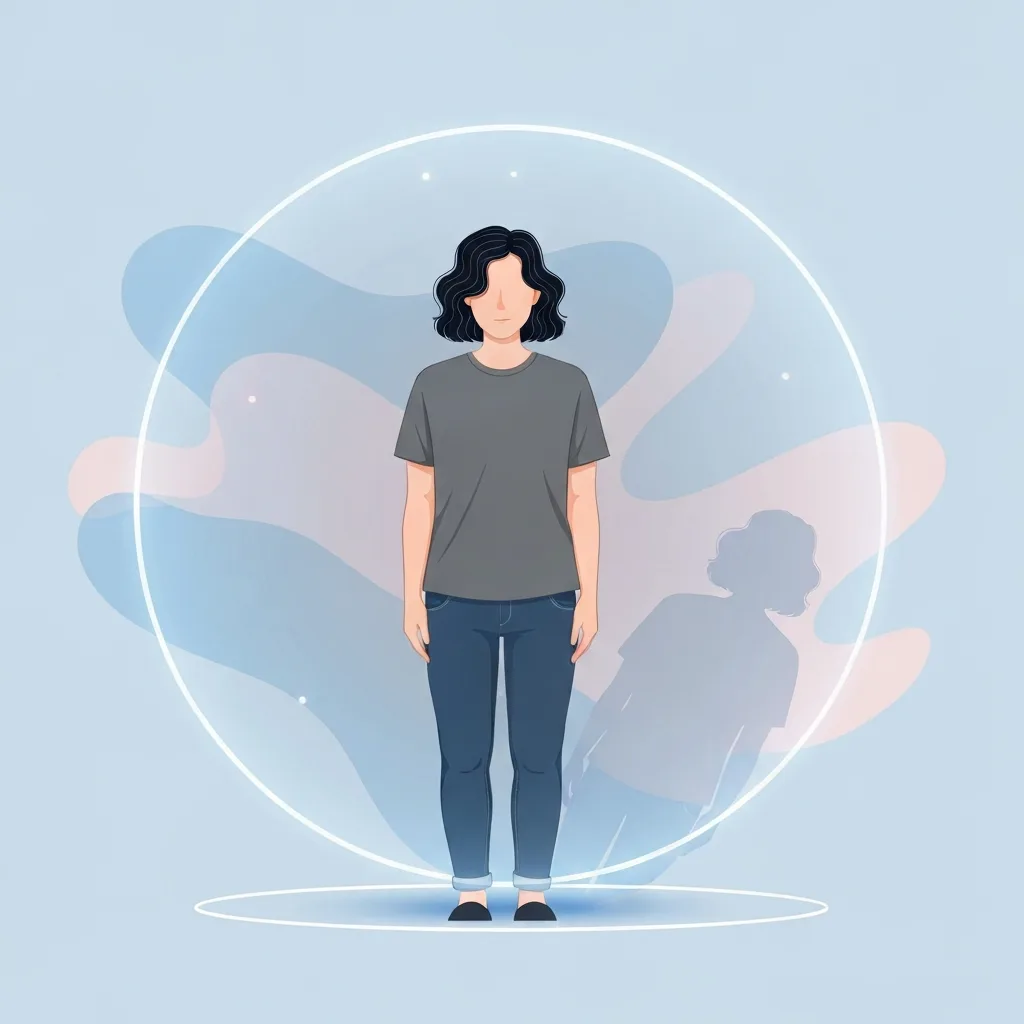 A conceptual, minimalist illustration showing a person standing calmly inside a glowing, translucent boundary circle, while soft, abstract shadows representing other people's expectations gently bounce off the outside of the sphere. Warm, muted color palette, psychological tone.