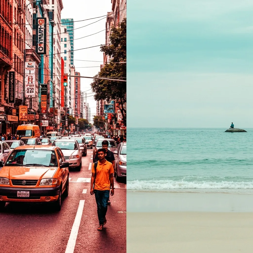 A split-screen visual metaphor. On the left side, a tightly wound, glowing nervous system inside a human silhouette, surrounded by floating data points, charts, and digital clocks. On the right side, the same silhouette filled with calm, flowing watercolor textures in deep blues and greens, entirely free from any metrics or screens.