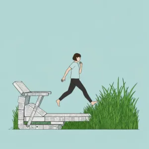 A conceptual, minimalist illustration of a person stepping off a mechanical treadmill made of self-help books and therapy notes, stepping onto a patch of wild, unmanicured green grass. Soft, muted colors, conveying relief, freedom, and natural grounding.