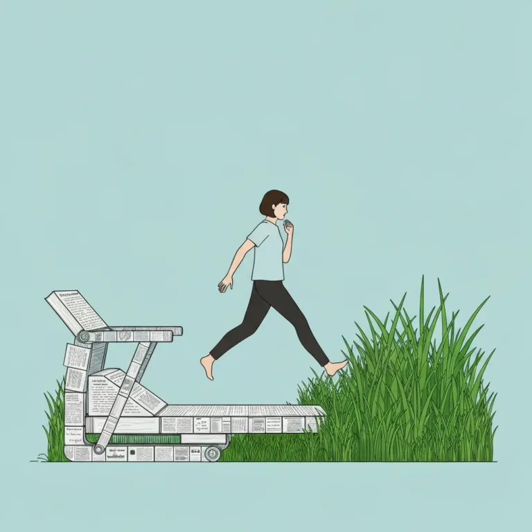 A conceptual, minimalist illustration of a person stepping off a mechanical treadmill made of self-help books and therapy notes, stepping onto a patch of wild, unmanicured green grass. Soft, muted colors, conveying relief, freedom, and natural grounding.