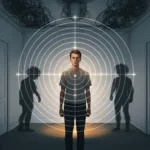 A conceptual, minimalist illustration of a person standing calmly in a room, surrounded by subtle, glowing radar waves and concentric circles that are picking up the chaotic, tangled moods of shadowy figures in the background. Cinematic lighting, muted cool tones with flashes of amber.