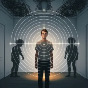 A conceptual, minimalist illustration of a person standing calmly in a room, surrounded by subtle, glowing radar waves and concentric circles that are picking up the chaotic, tangled moods of shadowy figures in the background. Cinematic lighting, muted cool tones with flashes of amber.