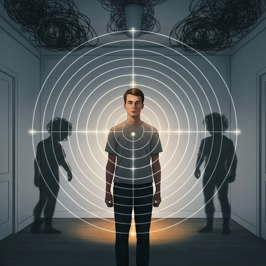 A conceptual, minimalist illustration of a person standing calmly in a room, surrounded by subtle, glowing radar waves and concentric circles that are picking up the chaotic, tangled moods of shadowy figures in the background. Cinematic lighting, muted cool tones with flashes of amber.
