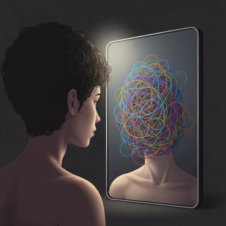 A conceptual, minimalist illustration of a person looking into a mirror, but their reflection shows a tangled, chaotic knot of different colored threads, representing the complex layering of meta-emotions. Soft, moody lighting, highly detailed, psychological concept art.
