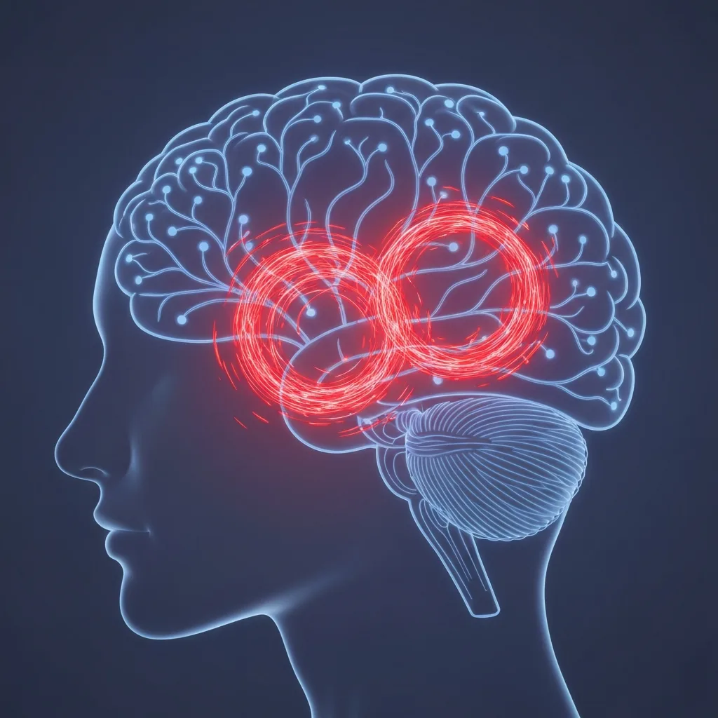 A minimalist, abstract representation of the human brain with glowing neural pathways, where one specific continuous loop is highlighted in bright, frantic red, symbolizing the endless and exhausting cycle of rumination and preemptive coping.