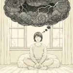 A conceptual, high-quality editorial illustration showing a person sitting peacefully in a sunlit room, while a dark, tangled thought bubble above their head depicts a chaotic, stormy scene, illustrating the contrast between present reality and imagined future disasters.