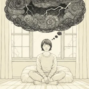 A conceptual, high-quality editorial illustration showing a person sitting peacefully in a sunlit room, while a dark, tangled thought bubble above their head depicts a chaotic, stormy scene, illustrating the contrast between present reality and imagined future disasters.