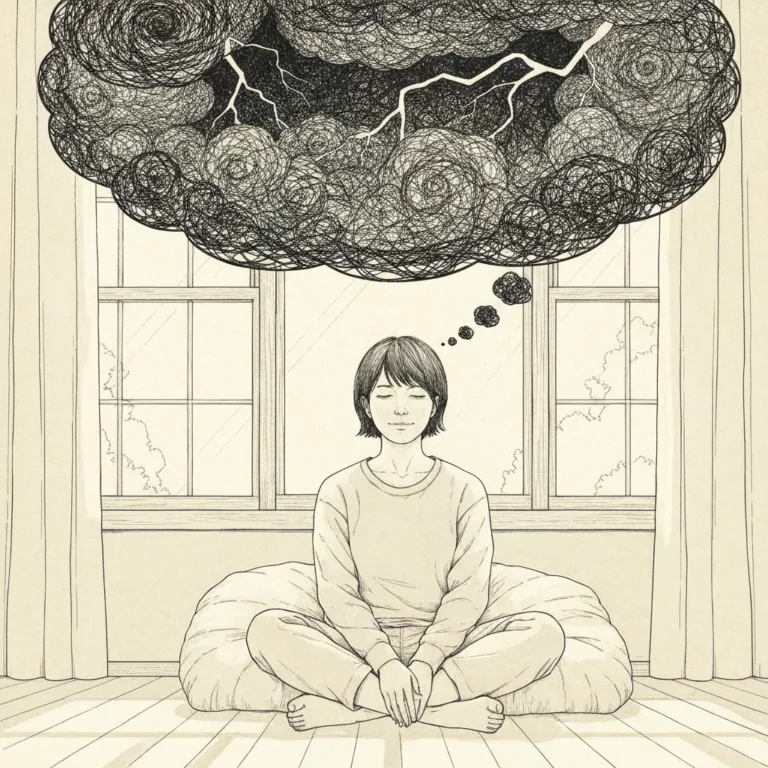 A conceptual, high-quality editorial illustration showing a person sitting peacefully in a sunlit room, while a dark, tangled thought bubble above their head depicts a chaotic, stormy scene, illustrating the contrast between present reality and imagined future disasters.