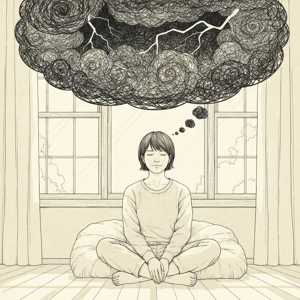 A conceptual, high-quality editorial illustration showing a person sitting peacefully in a sunlit room, while a dark, tangled thought bubble above their head depicts a chaotic, stormy scene, illustrating the contrast between present reality and imagined future disasters.