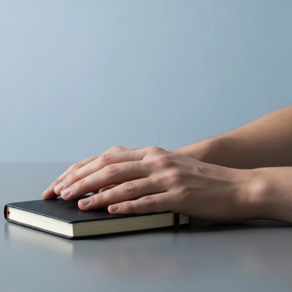 A minimalist, aesthetic photograph of a person's hands resting on a textured wooden table, holding a small, open journal. The focus is sharp on the hands and the texture of the paper, while the background is softly blurred. Soft, natural morning sunlight streams across the table, evoking a sense of grounding, somatic presence, and journaling for emotional baseline.