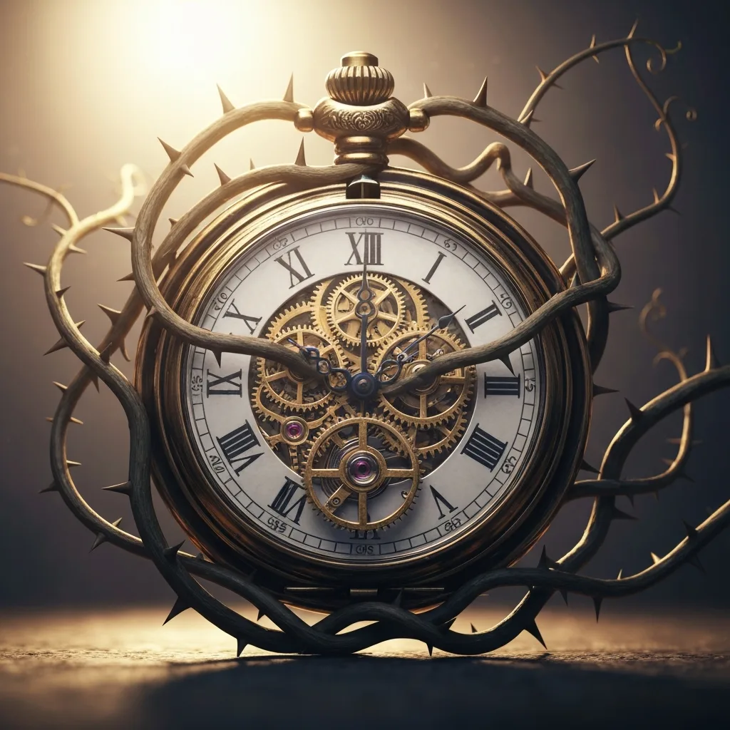 A conceptual macro shot of a vintage pocket watch entangled in thick, thorny vines, symbolizing the trap of artificial deadlines, with a soft, glowing light breaking through the background to represent the freedom of deep, unhurried work. Cinematic lighting, photorealistic.