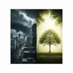 A split-screen visual concept: on the left, a frantic person surrounded by melting clocks and red alarm bells in a chaotic, dark environment representing manufactured urgency; on the right, a calm, focused individual working in a serene, brightly lit room with a single hourglass flowing smoothly, representing timeless focus. High-end editorial illustration style.