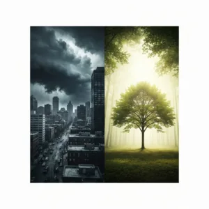 A split-screen visual concept: on the left, a frantic person surrounded by melting clocks and red alarm bells in a chaotic, dark environment representing manufactured urgency; on the right, a calm, focused individual working in a serene, brightly lit room with a single hourglass flowing smoothly, representing timeless focus. High-end editorial illustration style.