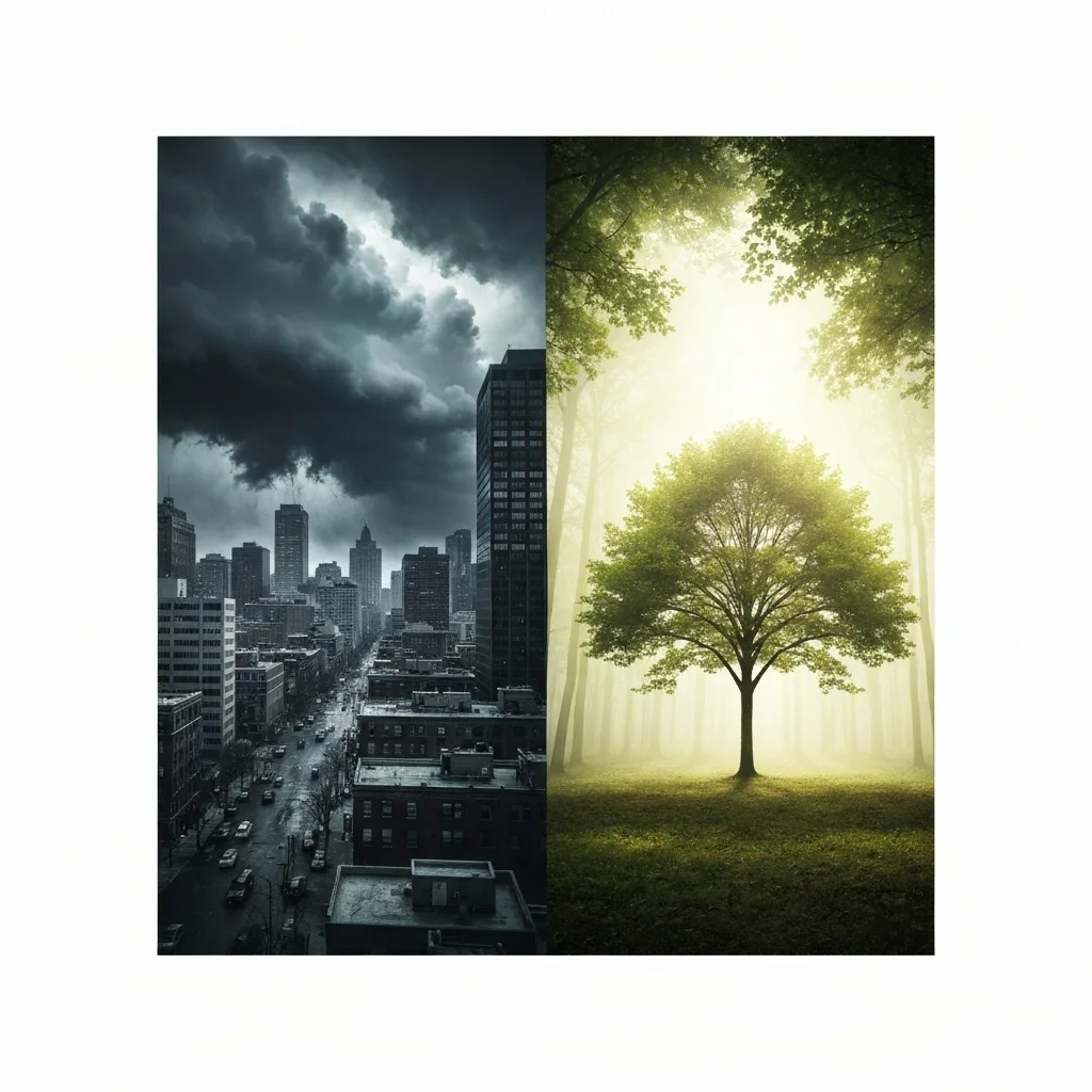 A split-screen visual concept: on the left, a frantic person surrounded by melting clocks and red alarm bells in a chaotic, dark environment representing manufactured urgency; on the right, a calm, focused individual working in a serene, brightly lit room with a single hourglass flowing smoothly, representing timeless focus. High-end editorial illustration style.